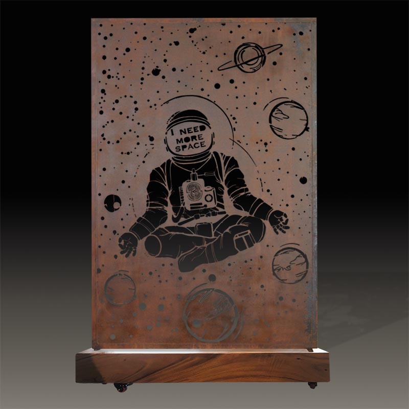 Astronaut metal room divider with wooden base