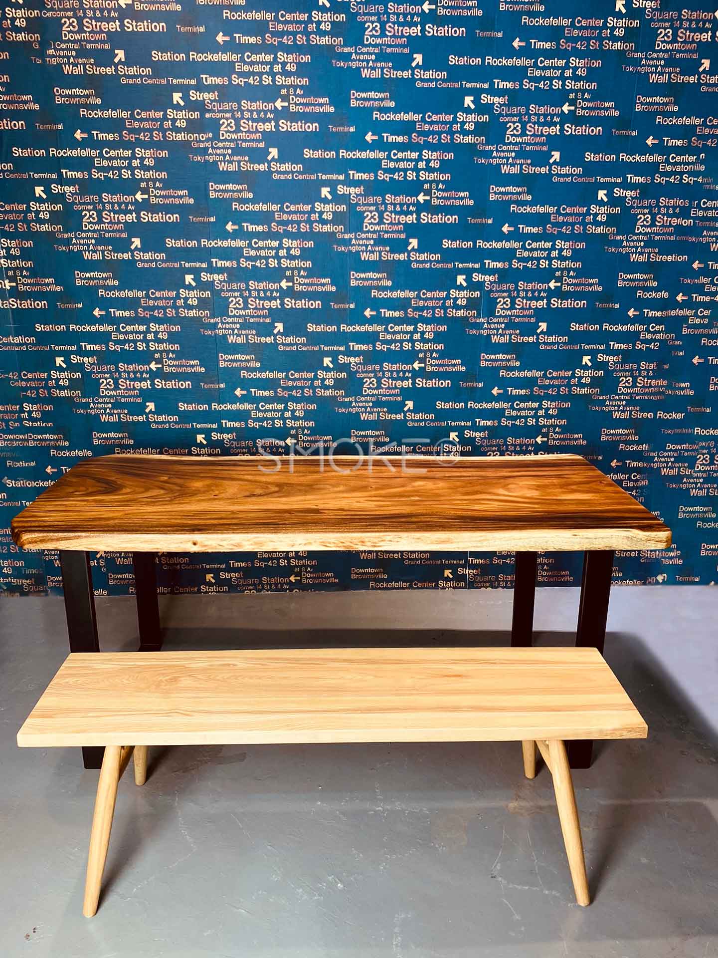 solid wood table with benches